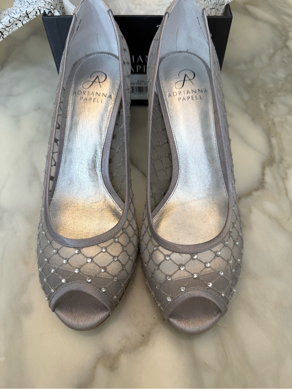 Adrianna Papell Silver Taupe Mesh Peep-Toe Heels